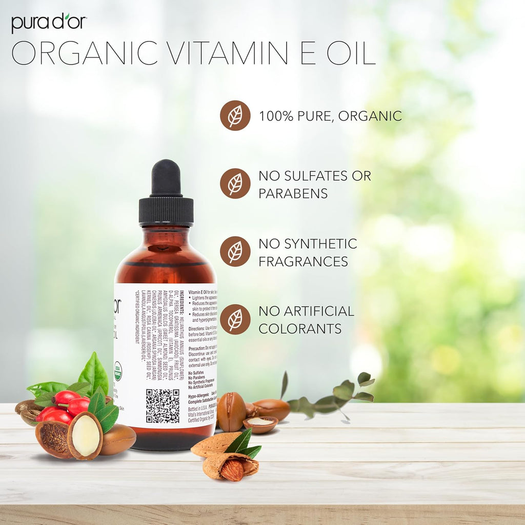 PURA D'OR 4 Oz ORGANIC Vitamin E Oil Blend - 100% Natural Hexane Free, Sweet Almond, Apricot, Jojoba, Argan, Rosehip, Sunflower & Avocado Bath Oil For Scars, Skin, Face & Full Body