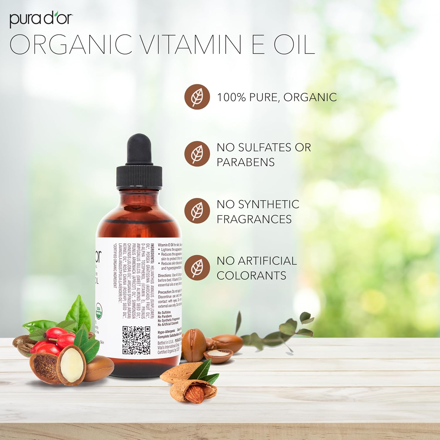 PURA D'OR 4 Oz ORGANIC Vitamin E Oil Blend - 100% Natural Hexane Free, Sweet Almond, Apricot, Jojoba, Argan, Rosehip, Sunflower & Avocado Bath Oil For Scars, Skin, Face & Full Body