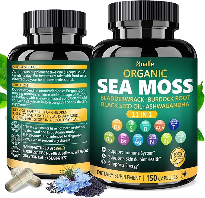 Bualle Irish Sea Moss Capsules – Organic Sea Moss, Black Seed Oil, Ashwagandha Supplements with Bladderwrack, Ginger & Burdock Root – Supports Daily Wellness, Skin & Energy – 150 Capsules (1 Pack)