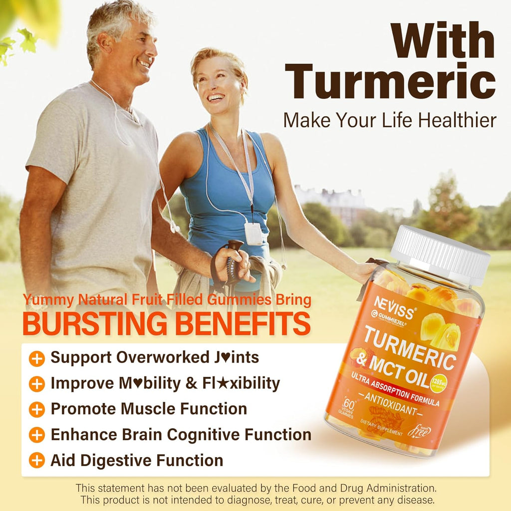 Turmeric Gummies 1000mg w/MCT Oil C8 C10, Organic Antioxidant, Turmeric Curcumin Supplement with Black Pepper Extract, Support Comfort, Boost Energy, Ultra Absorption, Sugar Free, 60 Cts