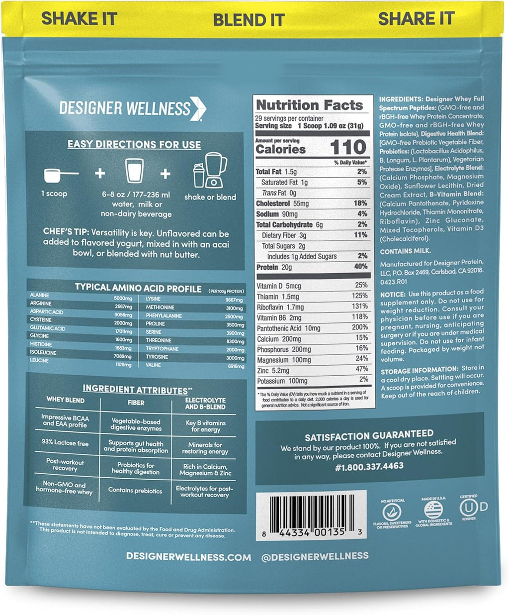 Designer Wellness, Designer Whey, Natural Whey Protein Powder with Probiotics, Fiber, and Key B-Vitamins for Energy, Gluten-Free, Purely Unflavored, 2 lb
