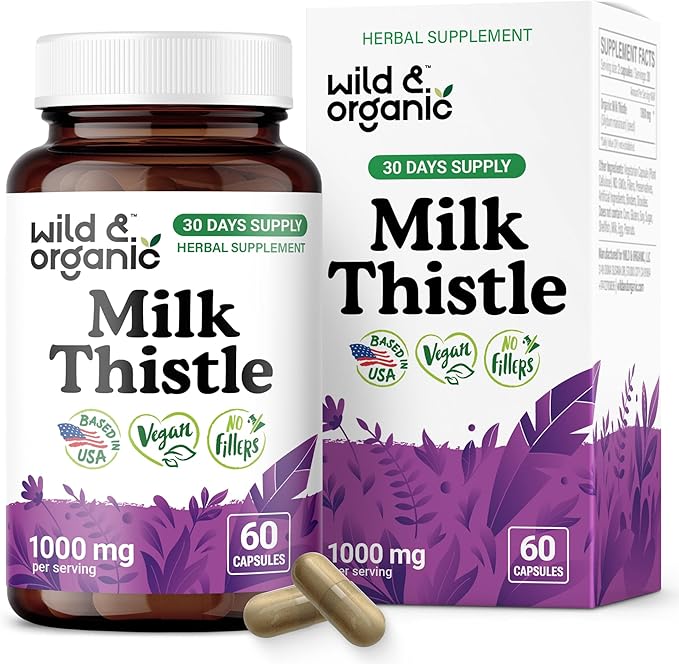 Wild & Organic Milk Thistle Capsules 1000mg - Liver Support Supplement - Silymarin Milk Thistle Powder for Liver Cleanse - 60 Vegan Capsules - 1-Month Supply - No Fillers, Non-GMO