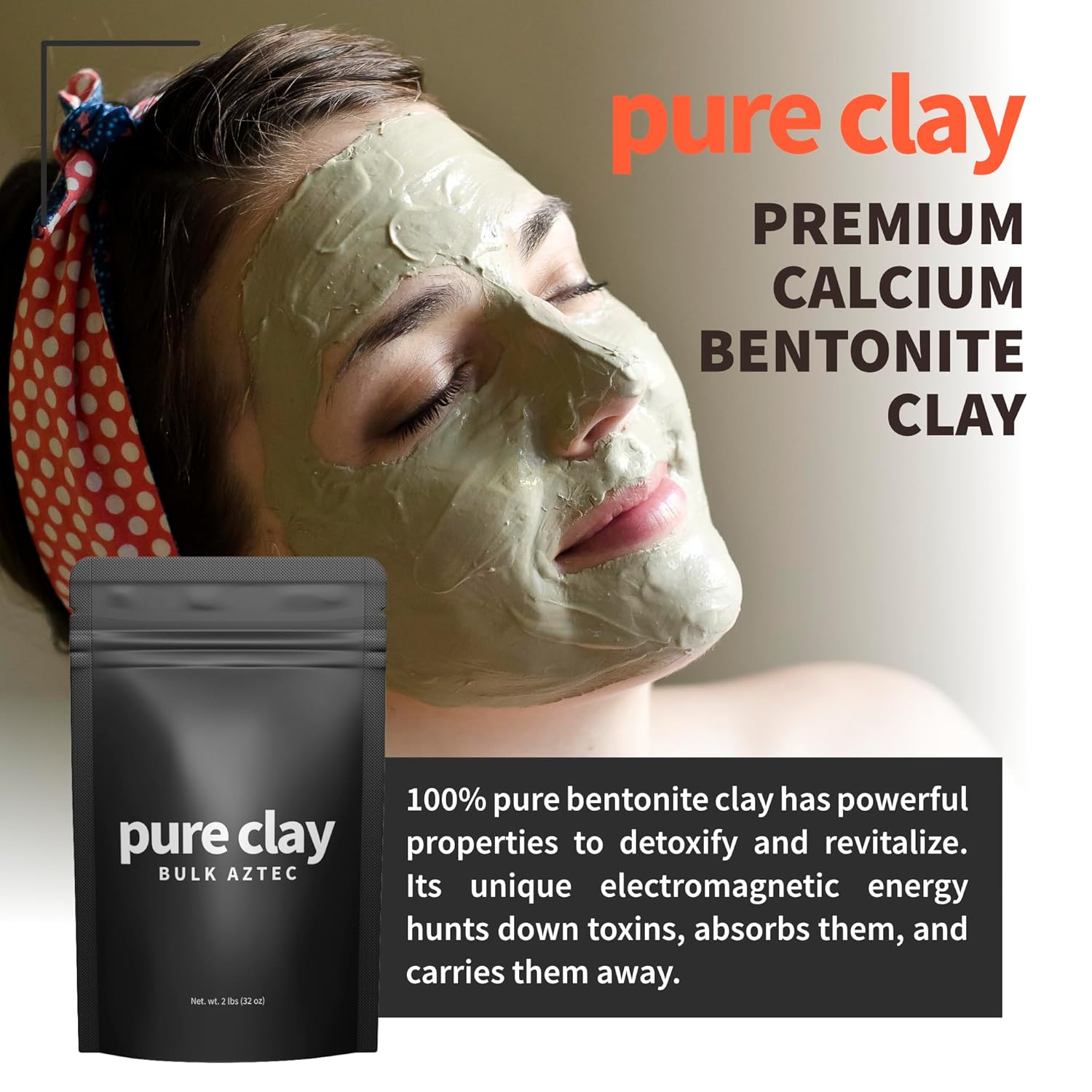 Organic Calcium Bentonite Clay Powder Bulk Bag (32oz), Aztec Drink Powder, Food Grade, Full Body Mask, Indian Healing Clay