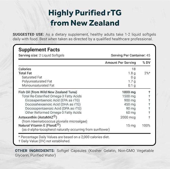 Naturalis Ultimate rTG Omega 3 Fish Oil 1800mg from Wild New Zealand Tuna | IFOS Certified & Sustainably Sourced | Full Spectrum Omega3s EPA, DHA & DPA | 90 Softgels