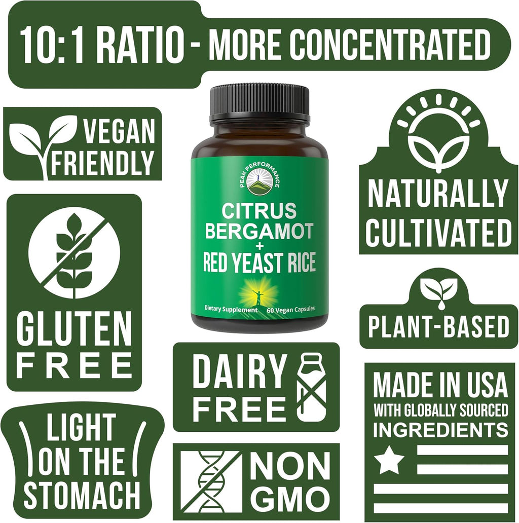 Citrus Bergamot + Red Yeast Rice. 2-in-1 Supplement. High Strength 10:1 Bergamot Extract. No Gluten, Zero Sugar, Vegan Capsules