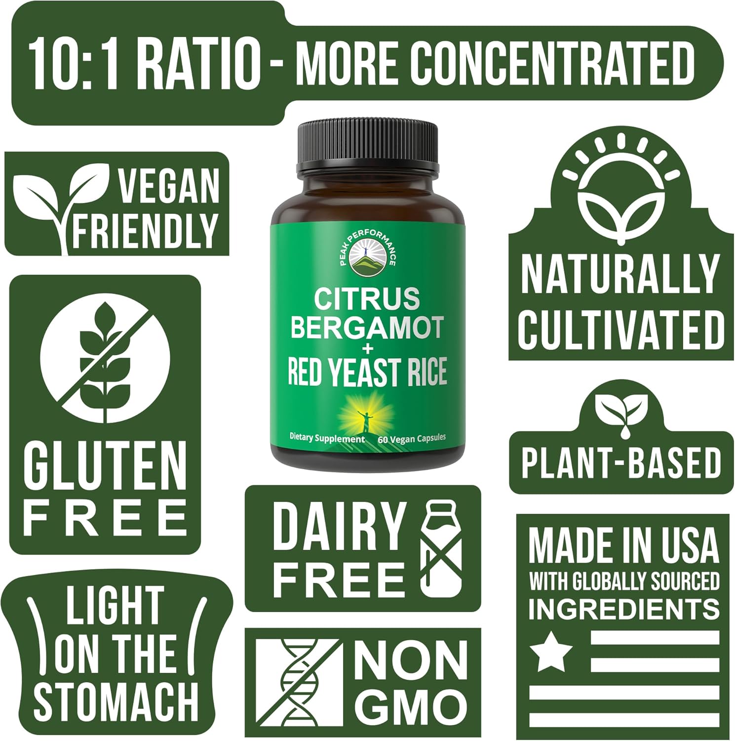 Citrus Bergamot + Red Yeast Rice. 2-in-1 Supplement. High Strength 10:1 Bergamot Extract. No Gluten, Zero Sugar, Vegan Capsules