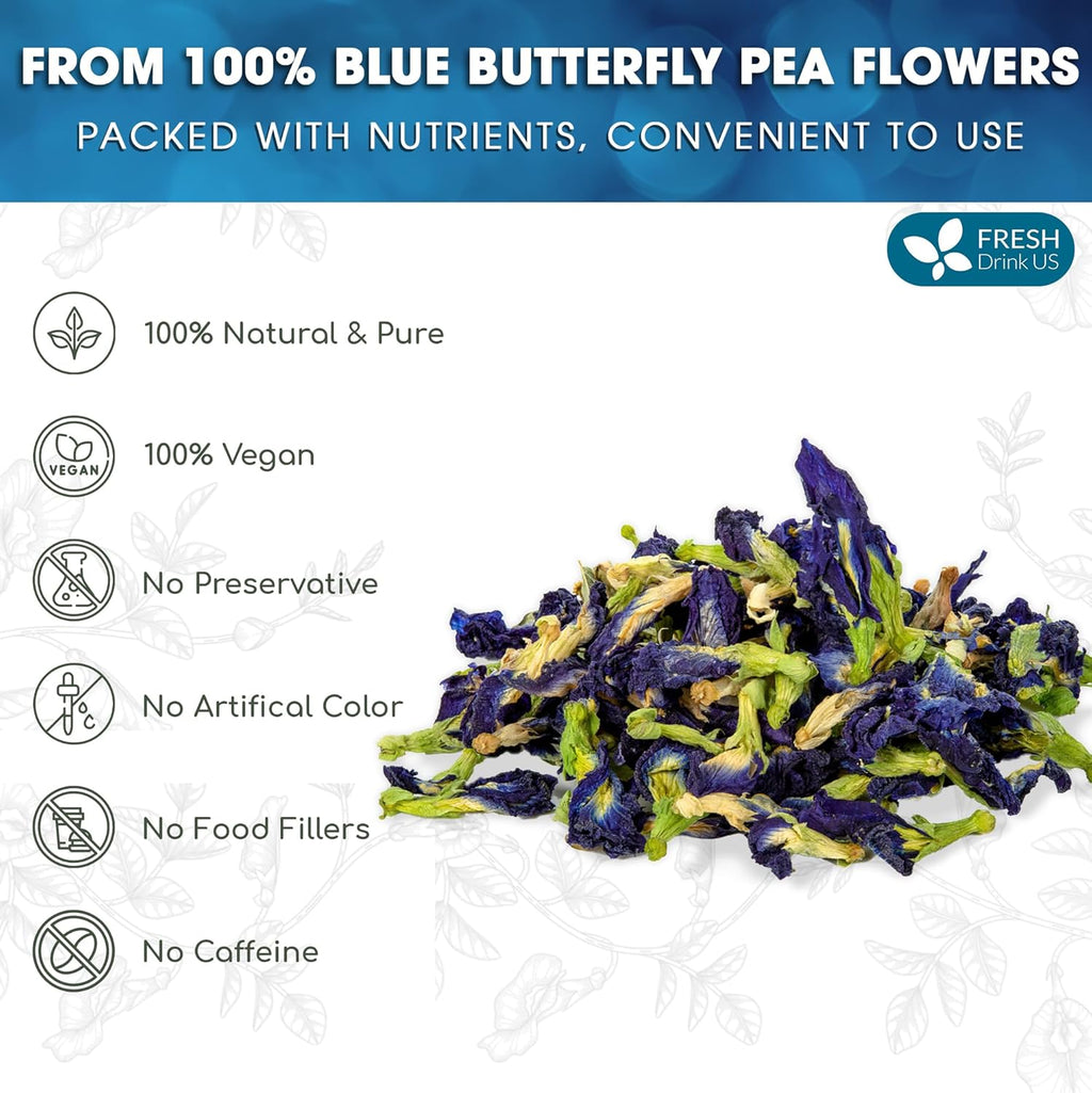FreshDrinkUS, Premium 16oz Blue Butterfly Pea Flowers Dried – Premium Whole Flower Herbal Tea – Vibrant Blue Natural Color – Caffeine-Free Loose Flower Tea. Vegan