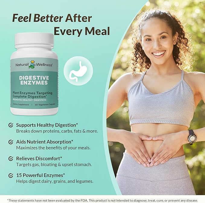 Natural Wellness Digestive Enzymes – Comprehensive Enzyme Blend for Healthy Digestion, Nutrient Absorption & Relief from Gas, Bloating & Indigestion – 60 Vegetarian Capsules