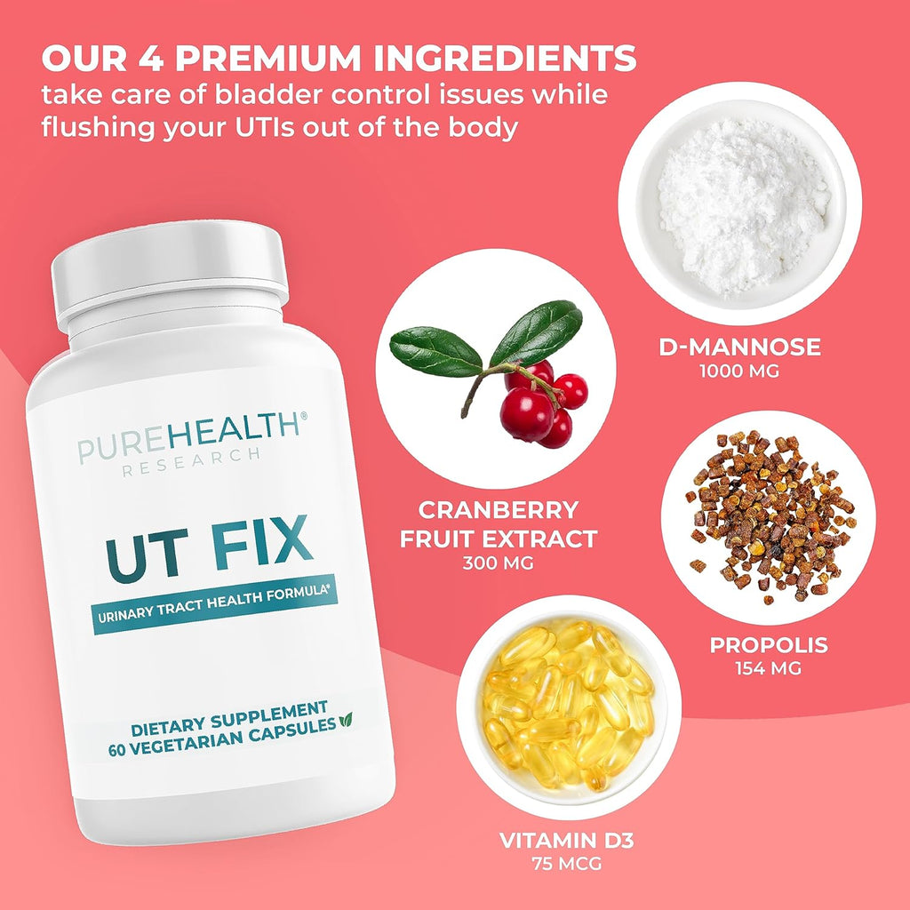PUREHEALTH RESEARCH UT FIX Urinary Health Supplement - with Vitamin D, D-Mannose, Cranberry Fruit Extract & Bee Propolis - for Women & Men, 60 Capsules