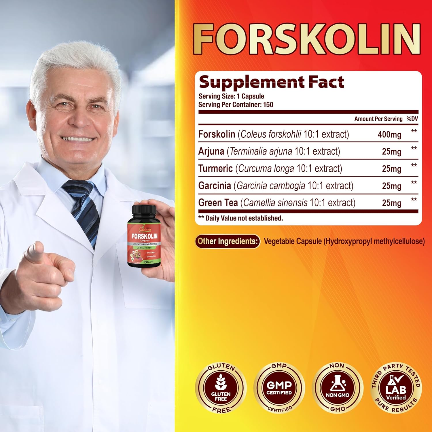 Organic Cadane Forskolin Supplements - 5in1 with Turmeric Curcumin, Arjuna, Garcinia Cambogia, and Green Tea - 5 Month Supply - 150 Capsules