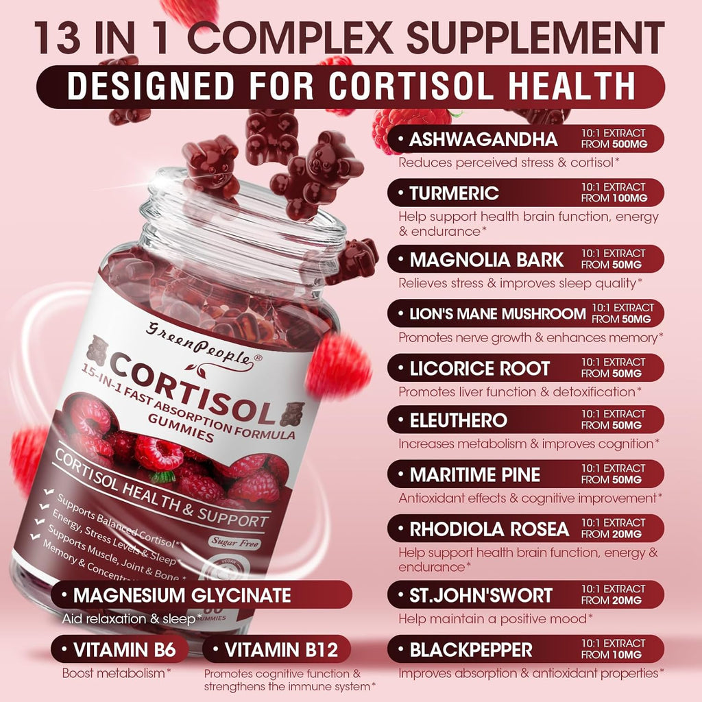 Cortisol Supplements for Women - 15-in- 1 Cortisol Reducer Detox Manager with Ashwagandha/Magnesium/L-theanine/Phosphatidylserine/Vitamin B6 for Mood/Focus & Sleep 60CT