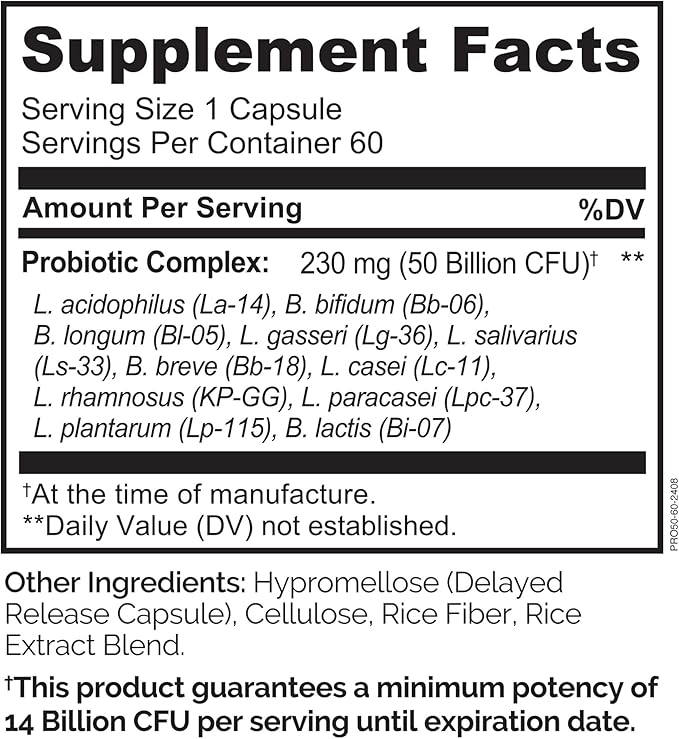 NATURELO Probiotics for Digestive Health, 50 Billion CFU, 60 Vegetarian Capsules, 11 Strains, Daily Use Supplement, Delayed Release, No-Fridge, Boosts Immune System, Probiotics for Women & Men