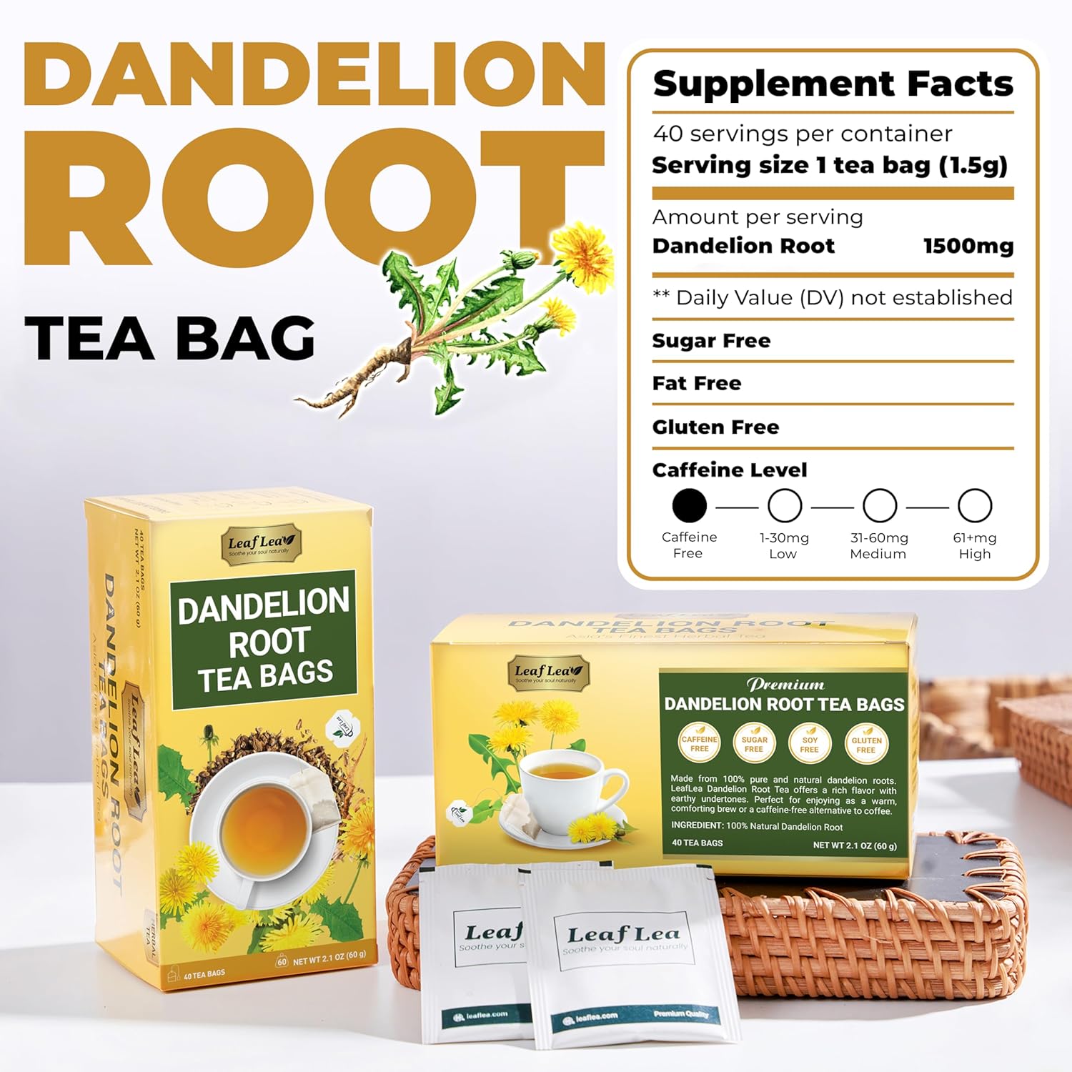 LeafLea Dandelion Root Tea Bags, 160 Dandelion Tea Bags, 100% Natural & Pure Dandelion Root, Caffeine-Free, Vegan, Gluten-Free, No Sugar, Sealed for Fresh Flavor, 4 Pack