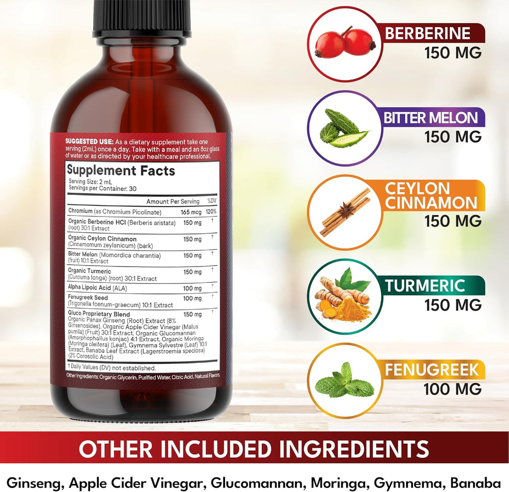 Berberine with Ceylon Cinnamon Supplement Liquid Drops + Bitter Melon Extract, Glucomannan, Gymnema, Chromium, Turmeric, Panax Ginseng, Moringa- 4 OZ