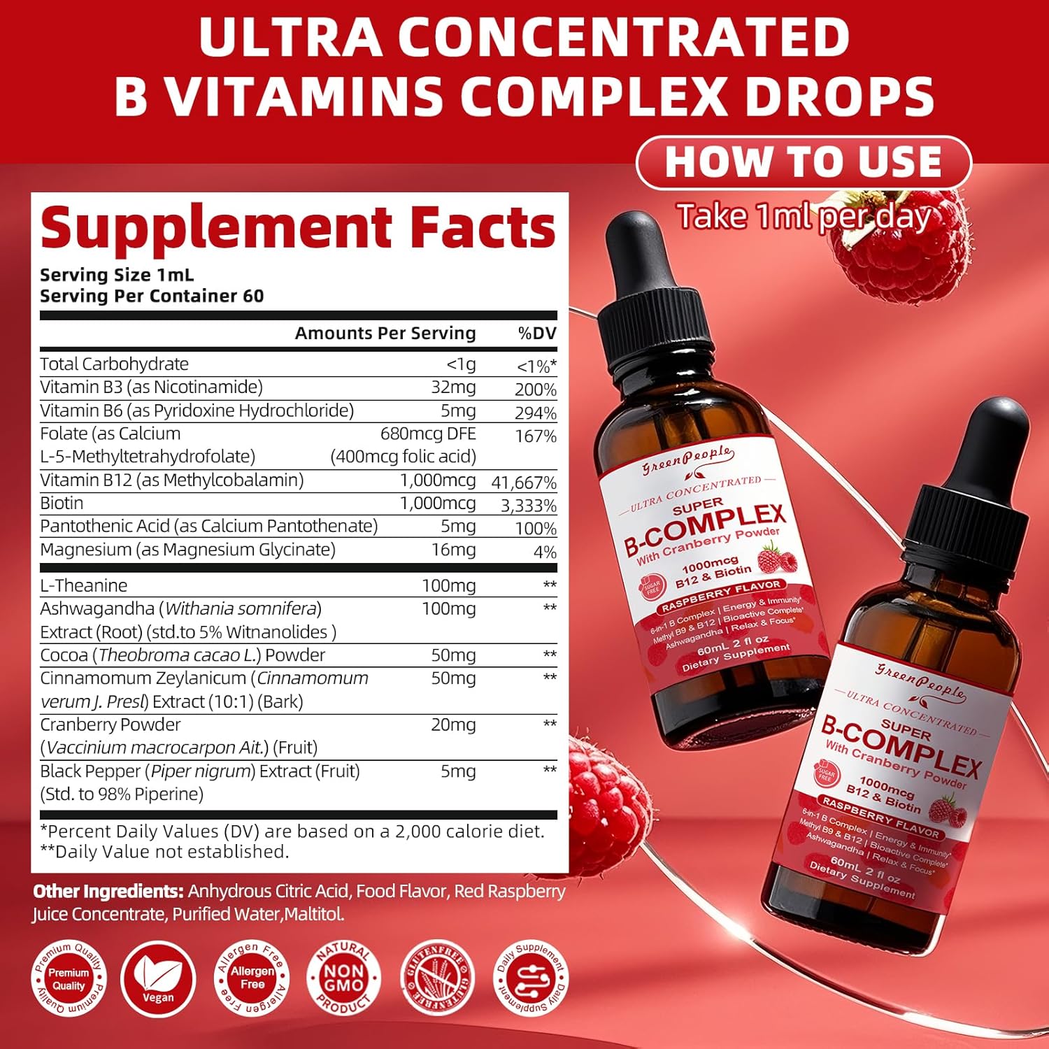 Super B Complex Liquid | B12 Methylcobalamin + Methyl Folate | B Vitamins Complex Liquid Drops with B3,B5,B6,B7, Ashwagandha & L-Theanine for Energy, Focus & Immunity, 4 fl Vegan Raspberry