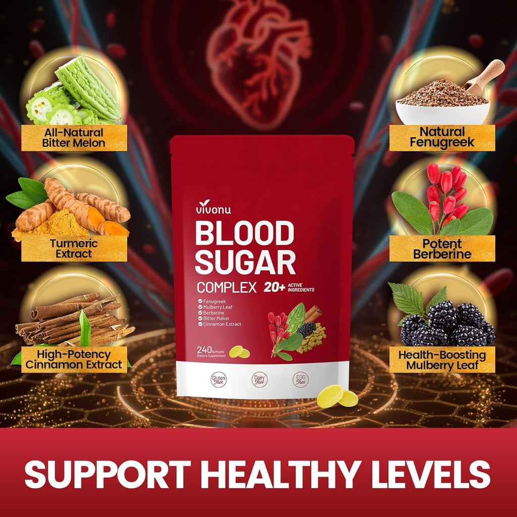 VivoNu Blood Sugar Complex Supplement | Advanced Formula with 20 Herbs and Vitamins with Cinnamon, Turmeric, Black Pepper, Licorice and More, Vegan, Non-GMO, Gluten-Free (720 Softgels-3 Bag)