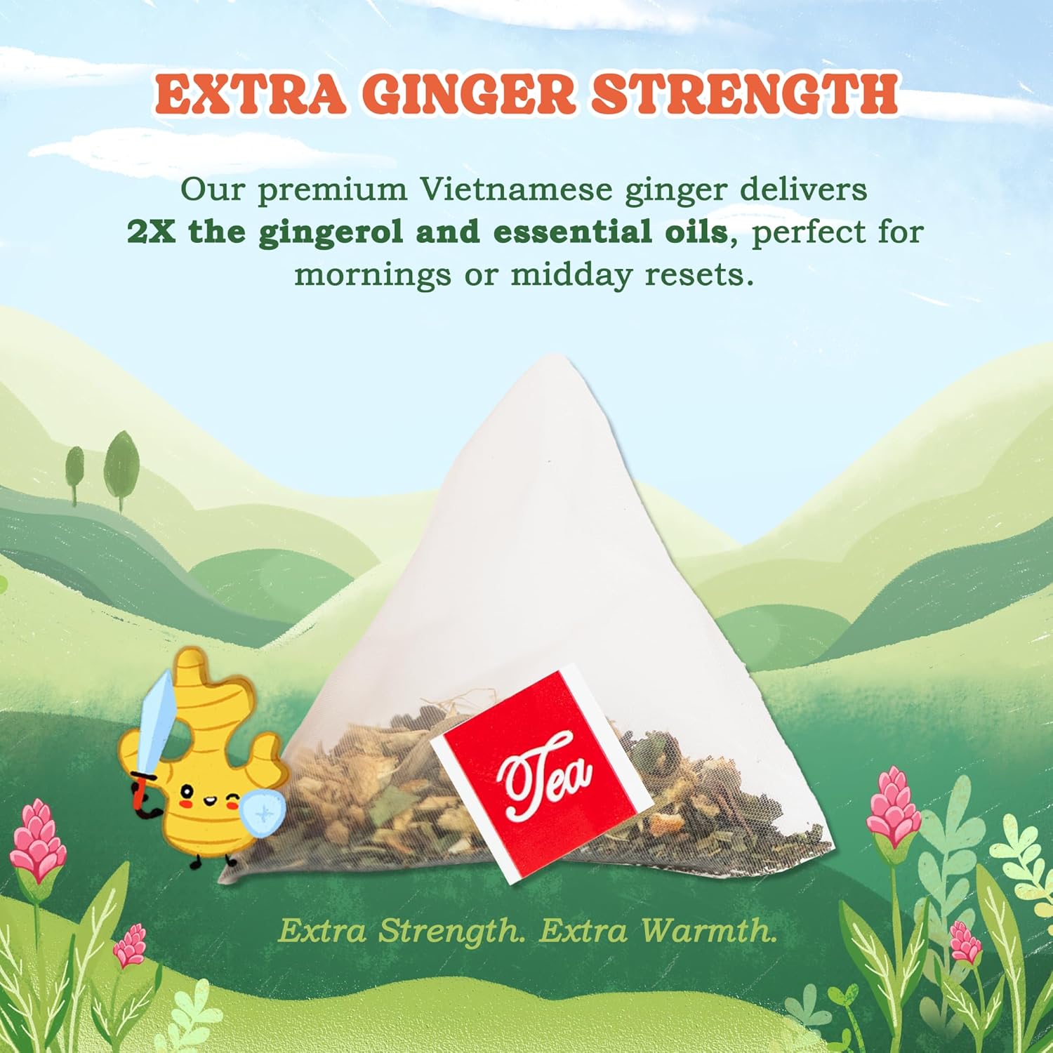 LoveinTea Ginger Herbal Tea Bags, 100% Natural Vietnamese Ginger Blend, Plant-Based Pyramid Bags, 30 Count