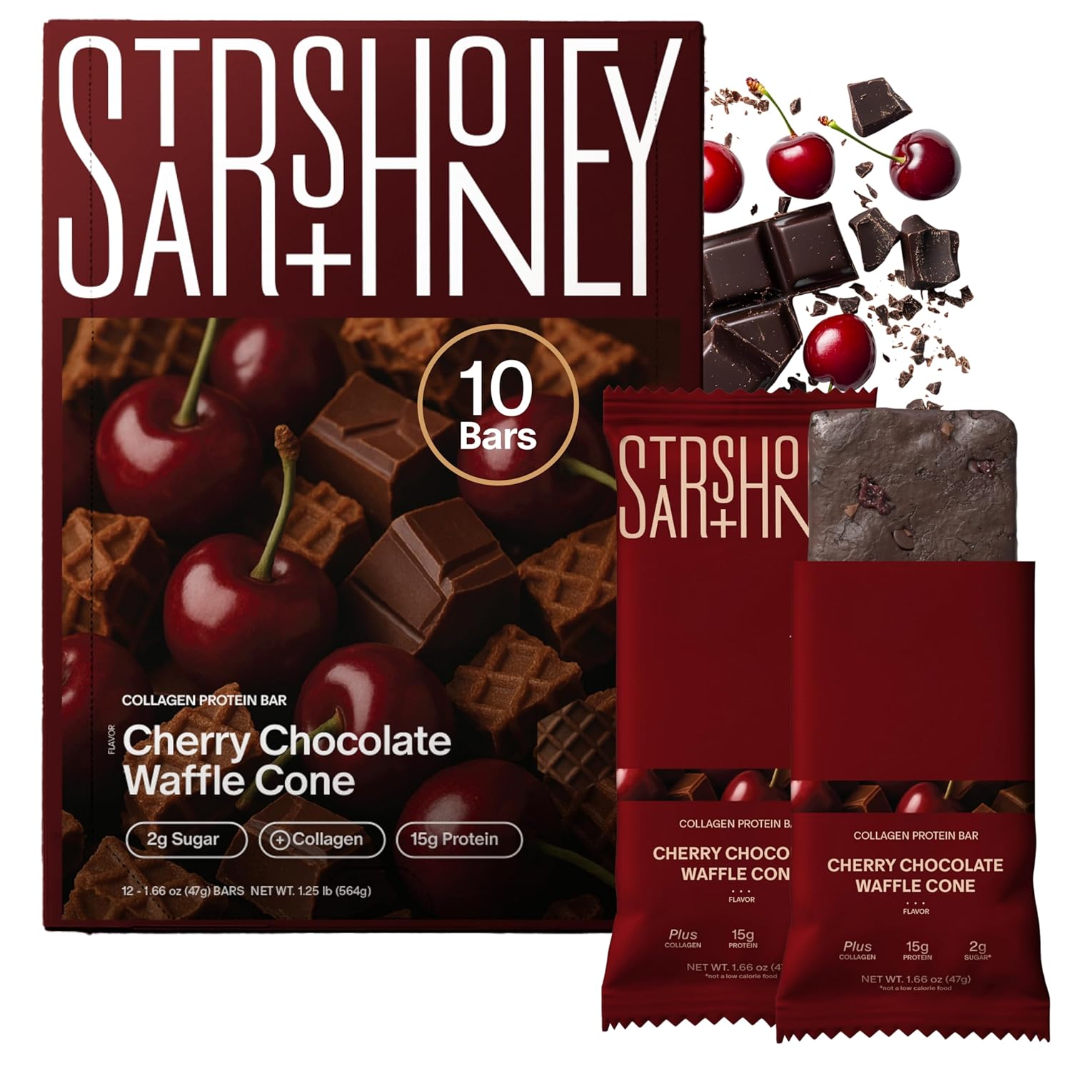 Stars + Honey Protein Bars - Cherry Chocolate Waffle Cone, 15g Protein, 2g Sugar, w/Collagen Keto Friendly Snack - Gluten, Dairy, Seed Oil, & Soy Free - High-Protein Snacks for Energy -10 pack