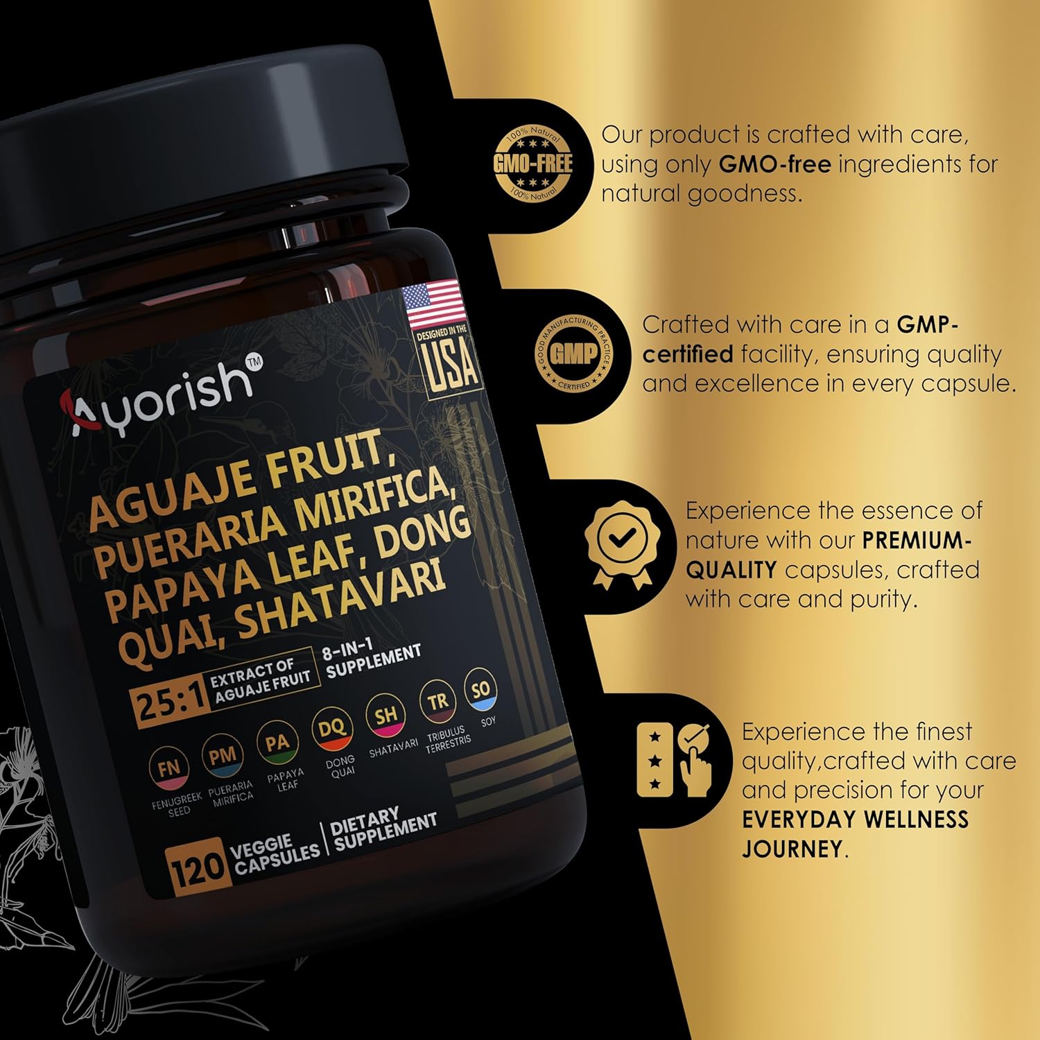 Aguaje Fruit Supplement1000mg 25:1 with Pueraria Mirifica, Papaya Leaf, Dong Quai, Shatavari, Wild Yam,Fenugreek Seed 120 Veg Capsules