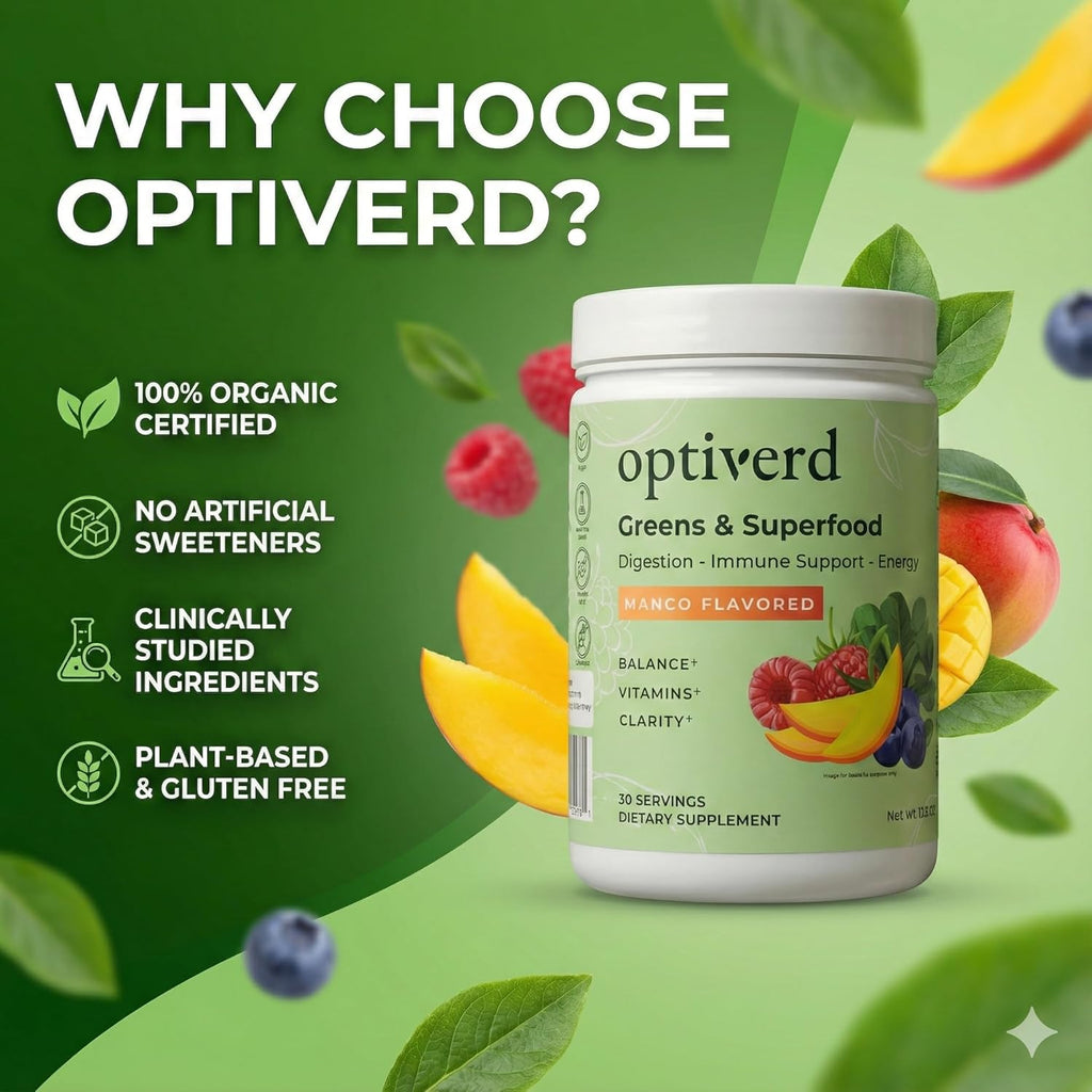 Organic Greens Superfood Powder with Probiotics & Enzymes – Max Gut Health, Energy & Detox – Immune Support – Vegan, Gluten-Free – Mango Flavor (30 Servings)