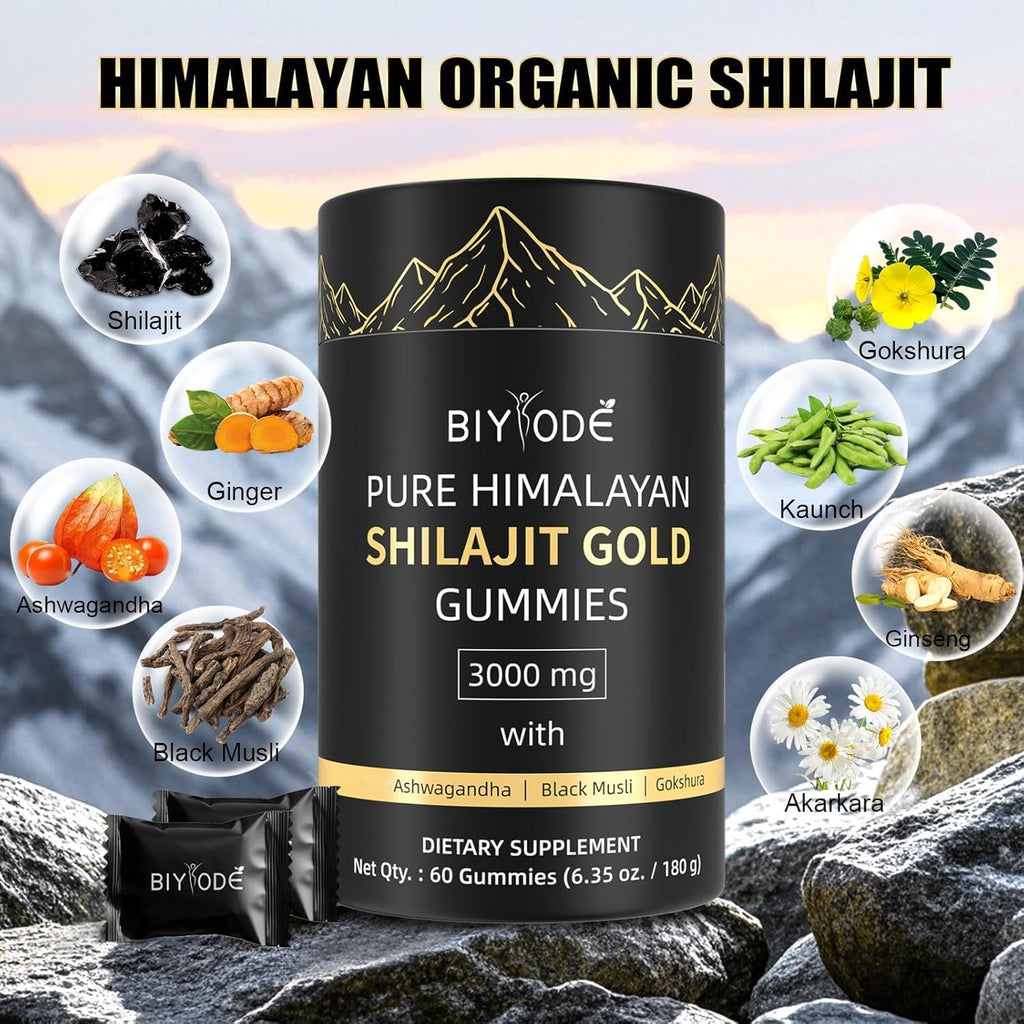 Pure Himalayan Shilajit Gummies: Rich in Ashwagandha, Gaulshura, Fulvic Acid, 85 Micronutrients. Suitable for Men. No Added Sugar. Non-GMO. 100% Natural Organic. 60 Gummies.