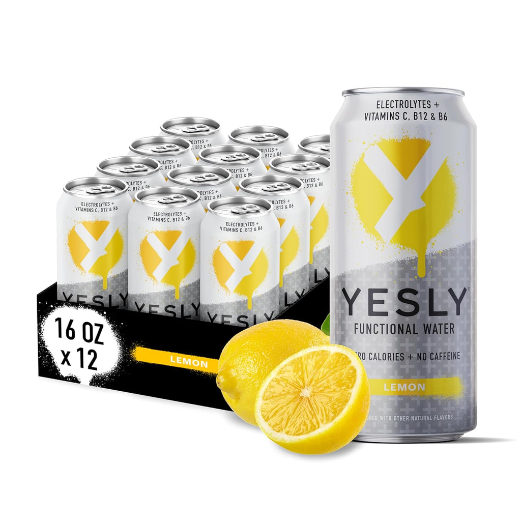 Yesly Functional Water, Lemon, Naturally Flavored Still Water with Electrolytes, Magnesium, Potassium, Vitamin C, B6 & B12, Zero Sugar, No Artificial Sweeteners, Caffeine Free, 16 Fl Oz Cans, 12 Pack