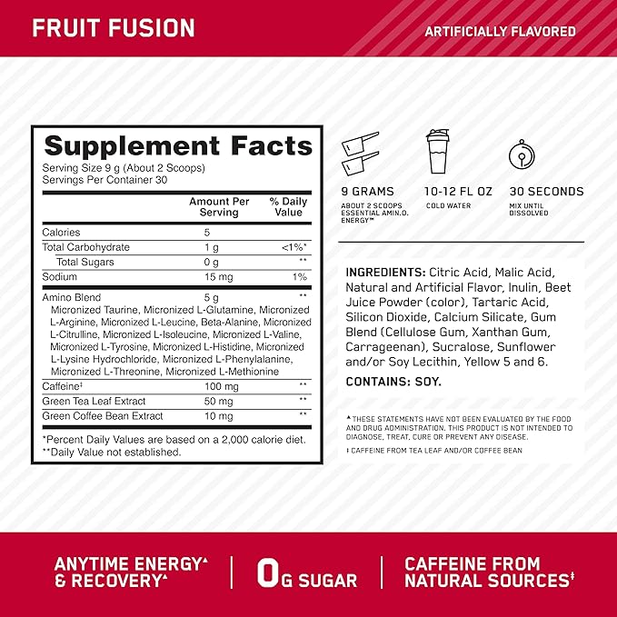 Optimum Nutrition Amino Energy Powder – Energy & Focus Pre Workout with Amino Acids, BCAA, Green Tea Caffeine & Coffee, Muscle Recovery Support – Fruit Fusion, 30 Servings (Packaging May Vary)