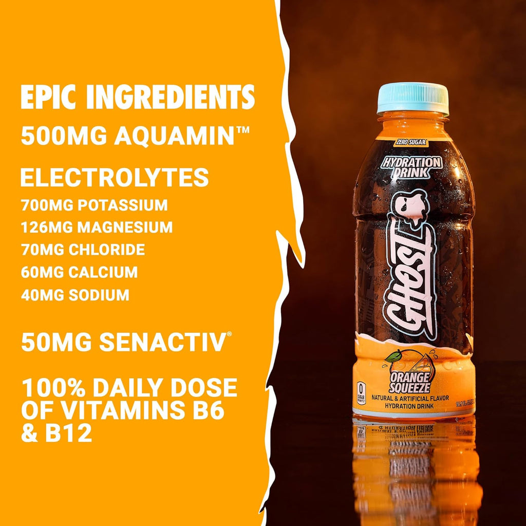 GHOST Hydration Drink, Orange Squeeze - RTD Sports Drink with Electrolytes, Natural Vitamins & Minerals - All Day Lifestyle Hydration Beverage - Zero Caffeine & Zero Sugars - 16.9 Fl Oz, 12 Pack
