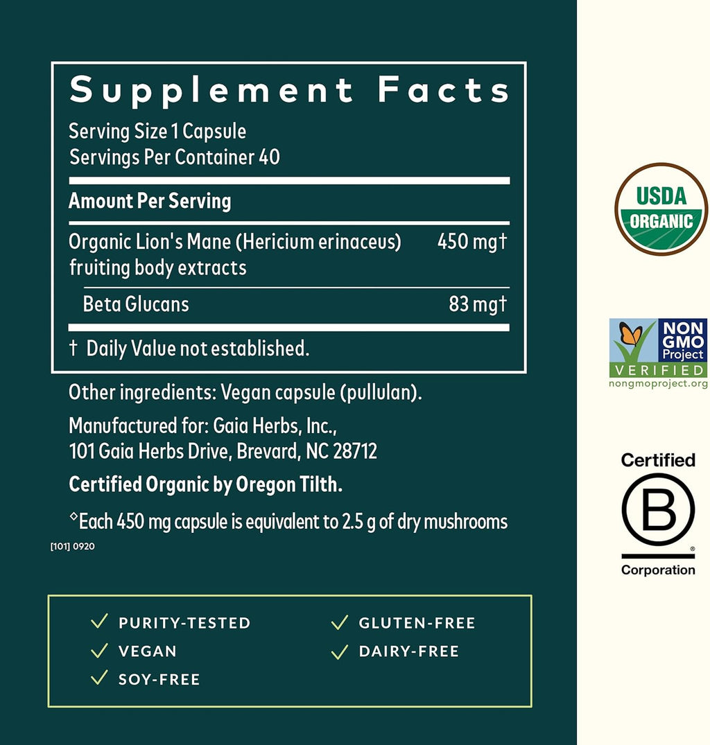 Gaia Herbs Lion’s Mane Mushroom - Brain & Nerve Health Support - 40 Vegan Capsules