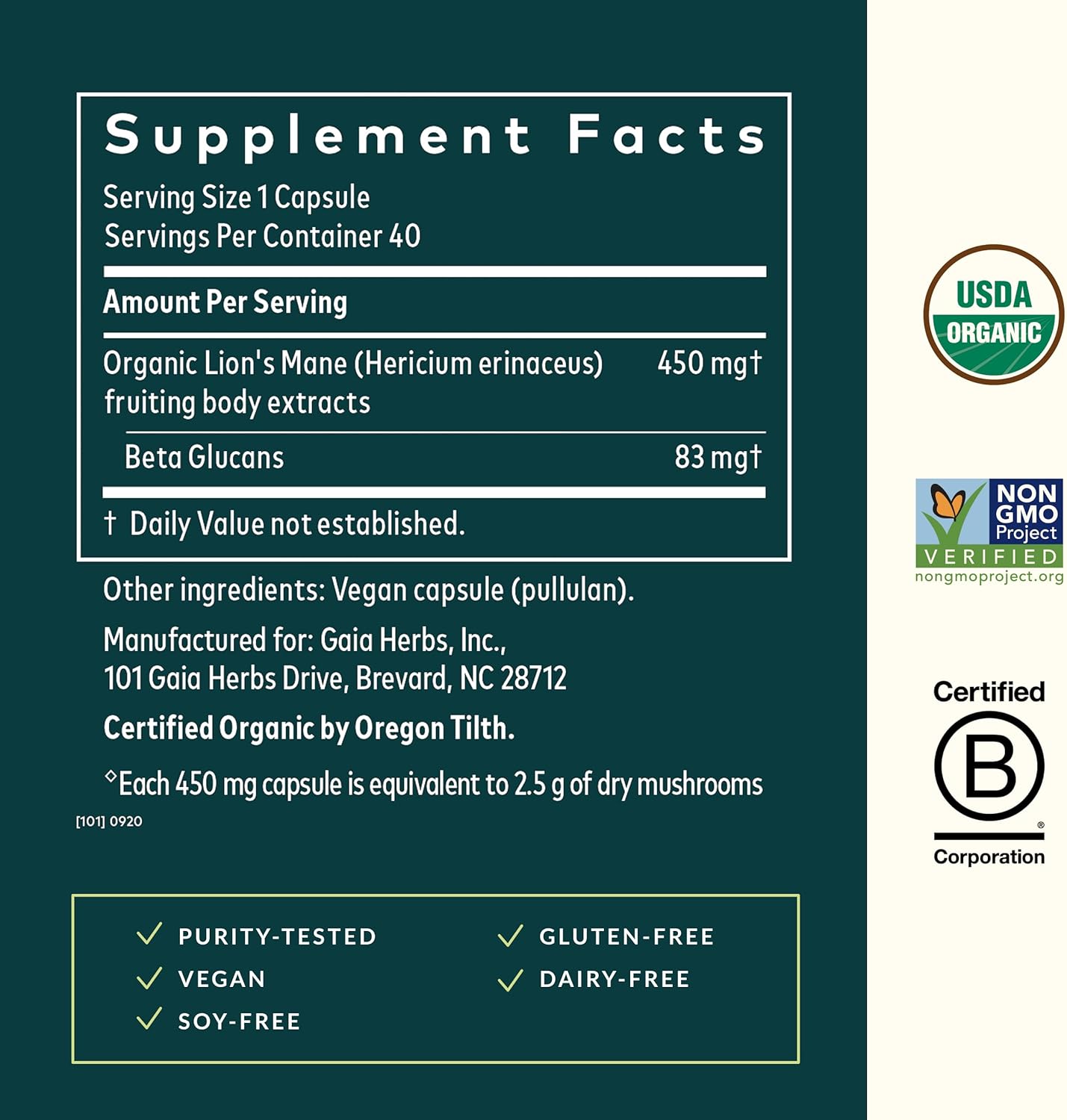 Gaia Herbs Lion’s Mane Mushroom - Brain & Nerve Health Support - 40 Vegan Capsules