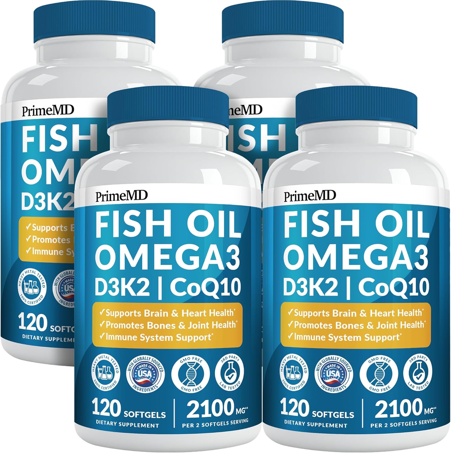 4-in-1 Fish Oil Omega 3 Fatty Supplements (2100mg) - Omega 3 Fish Oil with Vitamins D3 K2 and CoQ10 - Lemon Flavored (120 softgels, Pack of 4)