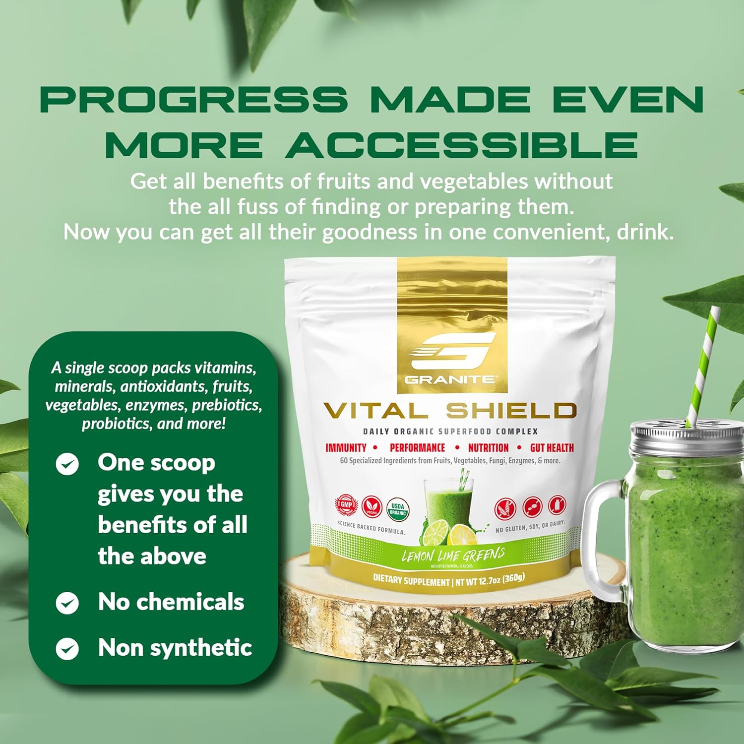 Granite Nutrition Vital Shield - USDA Organic Superfood Greens with Mushrooms & Tart Cherry – Supports Energy, Immune Function & Digestive Health – Lemon Lime Flavor (30 Servings)