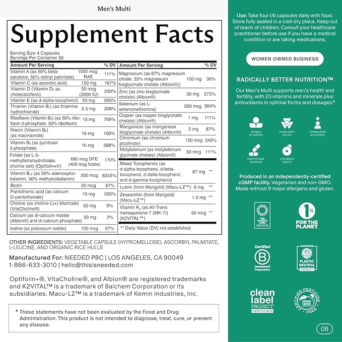 Needed. Multivitamin for Men - 25 Optimal Nutrients for Fertility & Men's Health - Mens Multivitamin with Vitamin D3 2000IU, B12 Vitamins, 200 MCG Selenium - Men's Fertility Supplement, 30 Day Supply