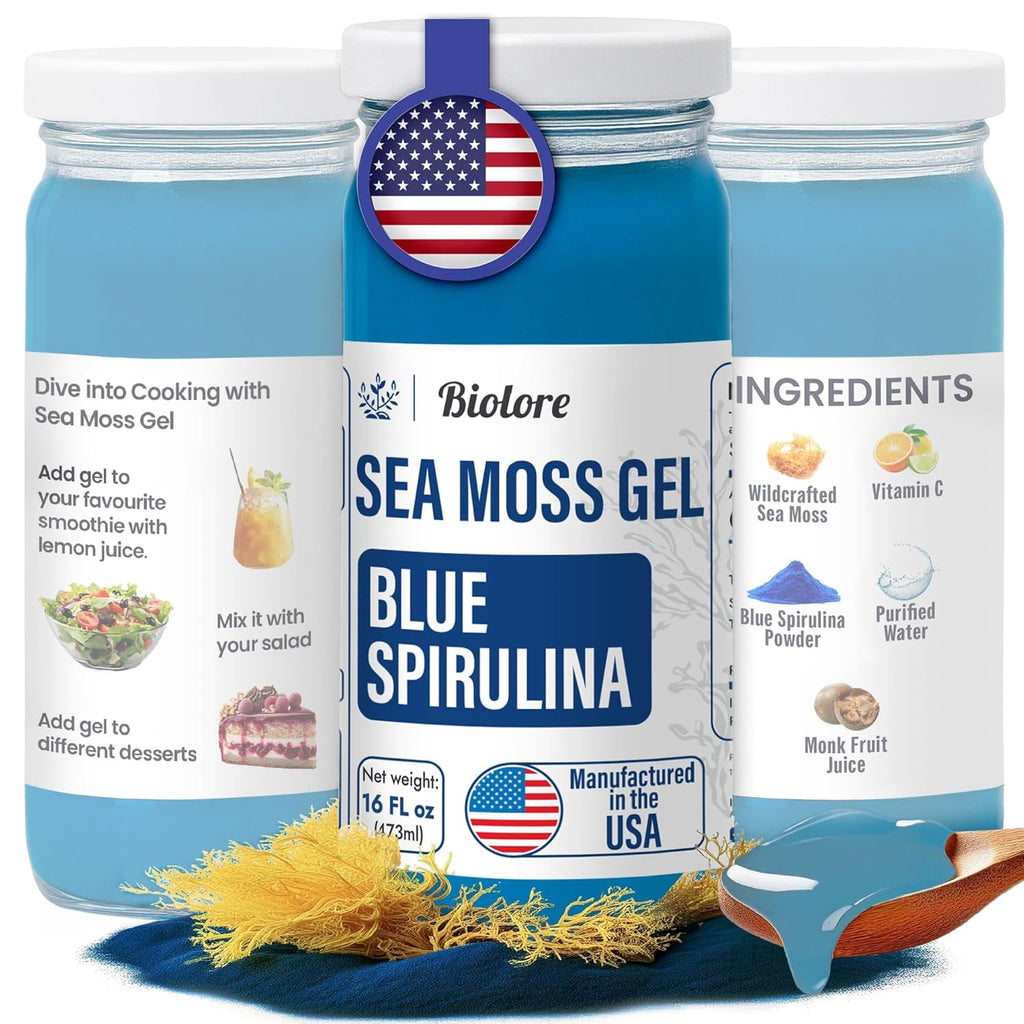 Biolore Sea Moss Gel - Blue Spirulina 16oz, Wildcrafted Irish Seamoss with Essential Vitamins & Trace Minerals, Vegan Superfood Made in USA