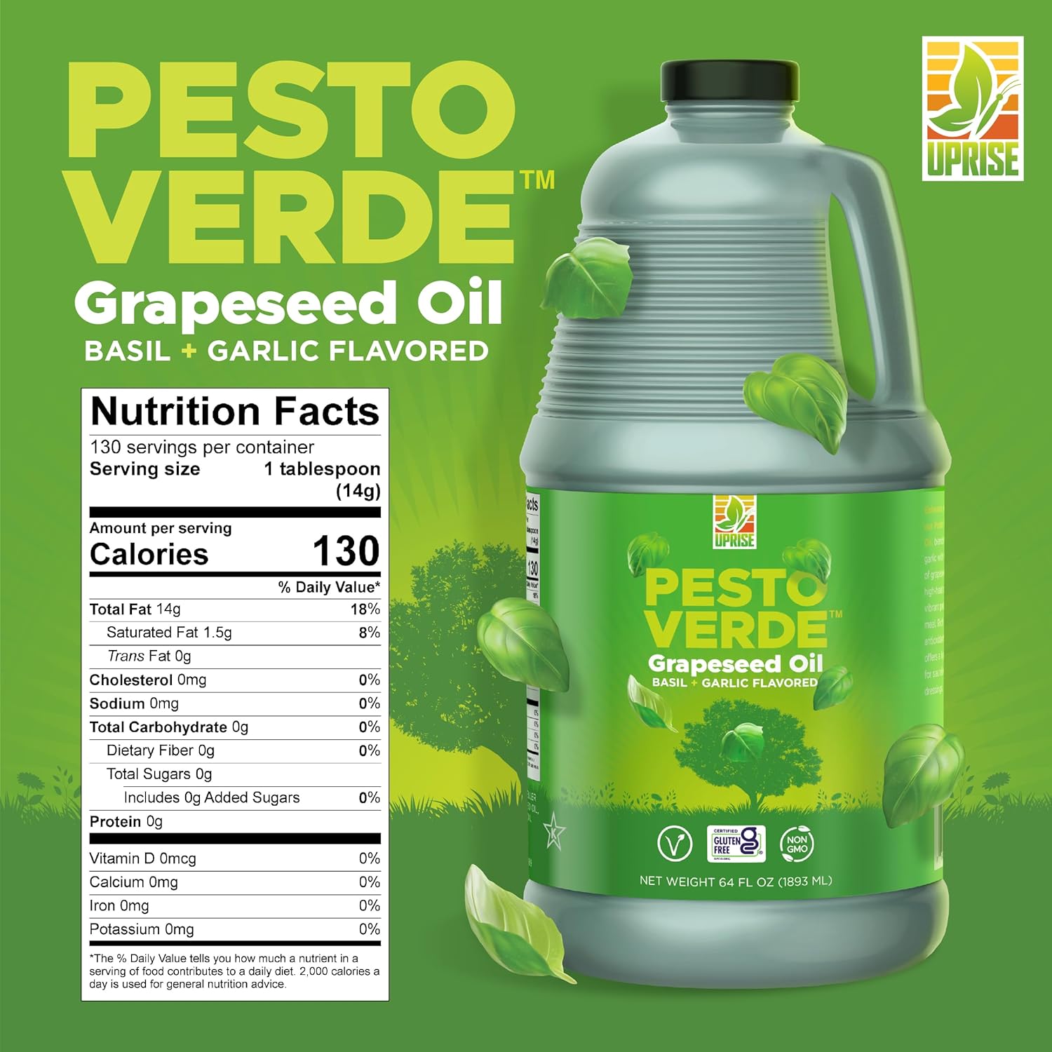 Pesto Verde Grapeseed Oil – 64 oz Bulk Bottle | Pesto Flavored Basil Oil for Cooking, Roasting, and Meal Prep | High Smoke Point | Plant-Based, Non-GMO, Gluten-Free, Heart-Healthy Kitchen Staple