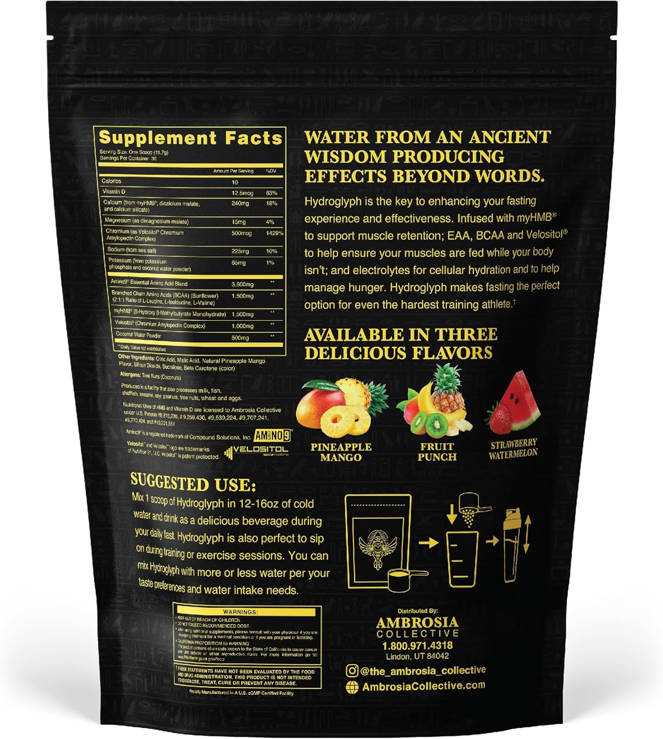 Ambrosia Hydroglyph Intraworkout Electrolytes Hydration Drink Mix | Sugar Free Electrolyte Powder with Amino Acids | Supports Lean Muscle During Fasting | 30 Servings | Pineapple Mango