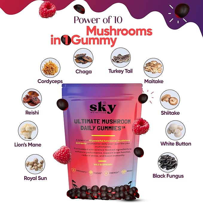 Mushroom Gummies - 10-in-1 Adaptogenic Mushroom Supplement for Adults - Lions Mane, Reishi, Cordyceps, Chaga, Turkey Tail - Raspberry Flavored Vegan Gummies for Focus & Energy - 60 Ct.