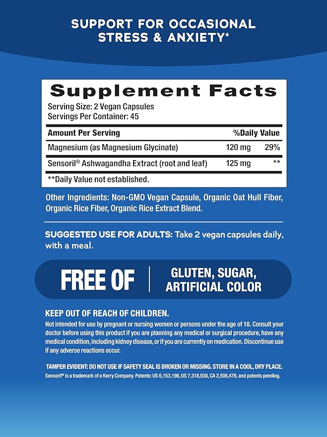 Natural Vitality Calm Ashwagandha + Magnesium Glycinate Capsules | Support for Occasional Stress & Anxiety | Gluten Free Supplement | 90 Count