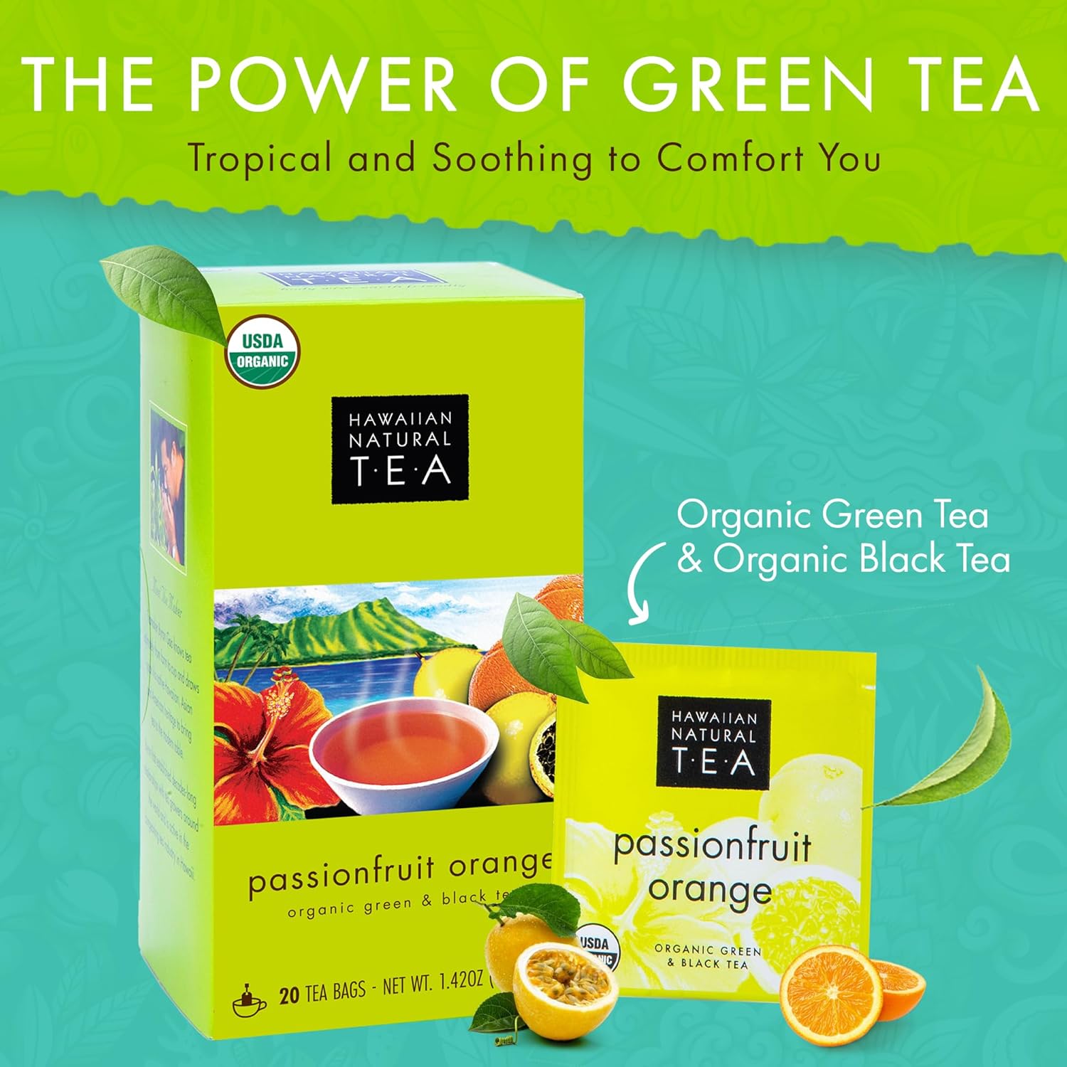 Hawaiian Natural Tea Passion Fruit Orange Flavored Organic Tea - Tropical Fruit Green Tea Blend with Black Tea - Perfect Daily Cup & Gift for Tea Lovers - 120 Tea Bags