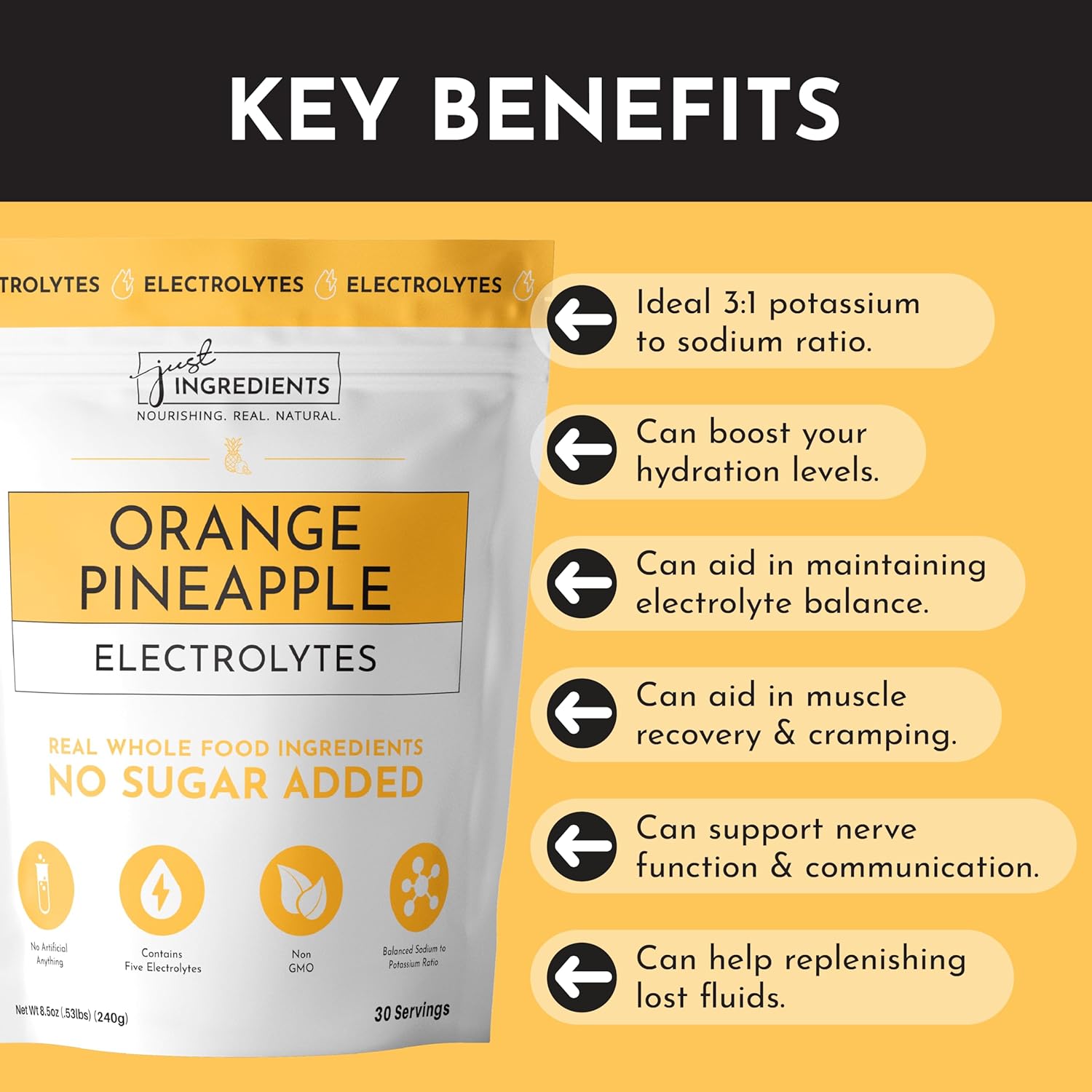 Orange Pineapple Electrolytes – 30‑Serving Hydration Drink Mix with Coconut Water, Sea Salt, and Trace Minerals – Supports Energy, Recovery, and Electrolyte Balance*