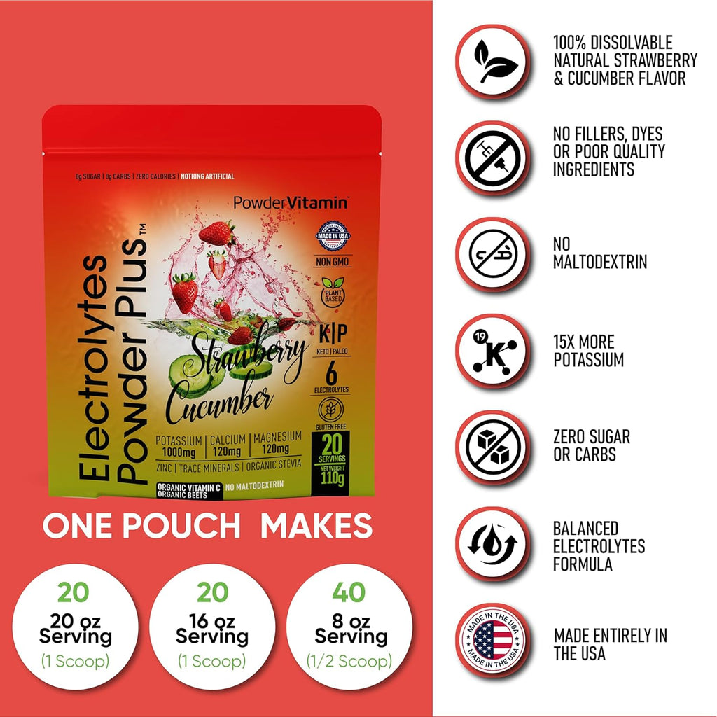 PowderVitamin Electrolytes Powder Plus (20 Servings) Strawberry Cucumber Electrolyte Powder Zero Calorie Keto,0Sugar,No Maltodextrin,1000mg Potassium,120mg Calcium,120mg Magnesium, Pink Himalayan Salt