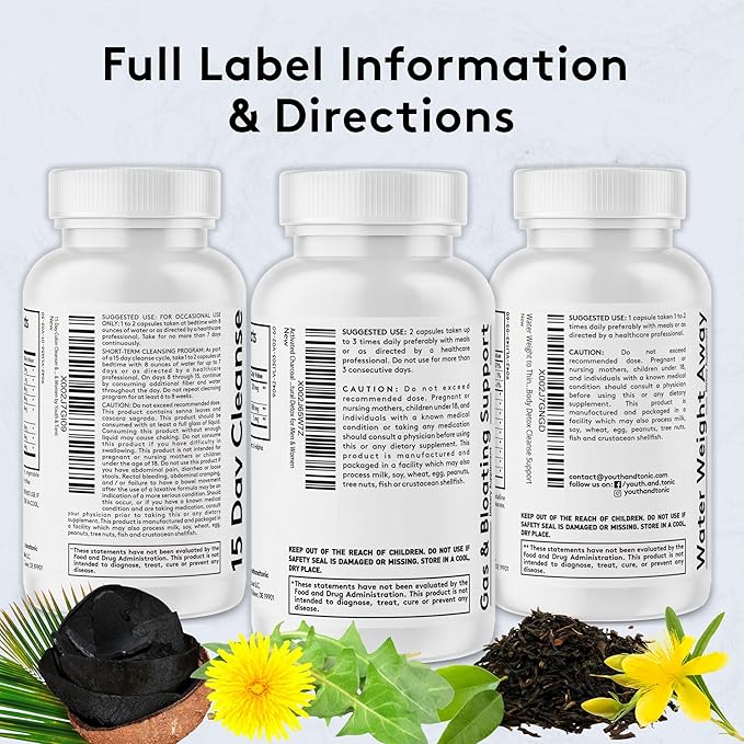 Youth & Tonic Belly Bloating Relief for Gas, Gut & Water Debloating – Digestion & Fluid Retention Support with Activated Charcoal for Women & Men– 150 Pills
