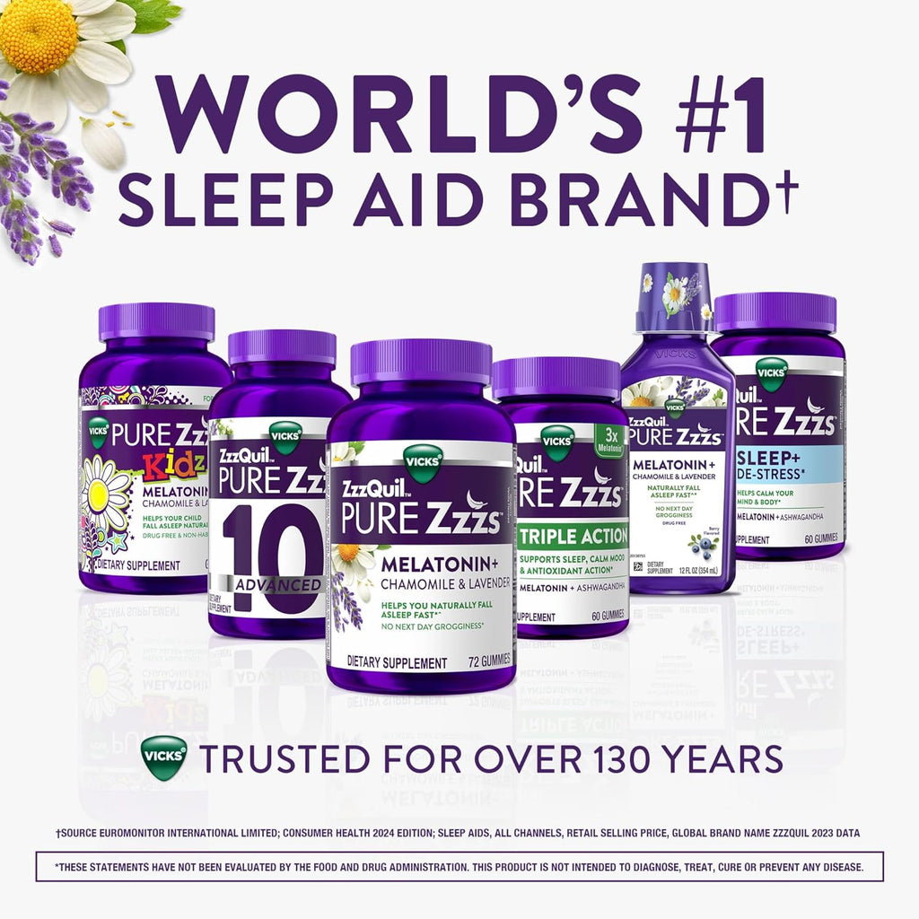 ZzzQuil Pure Zzzs Advanced Melatonin Gummies, Sleep Aid with Chamomile & Lavender for Adults Berry Flavored, 100 Count