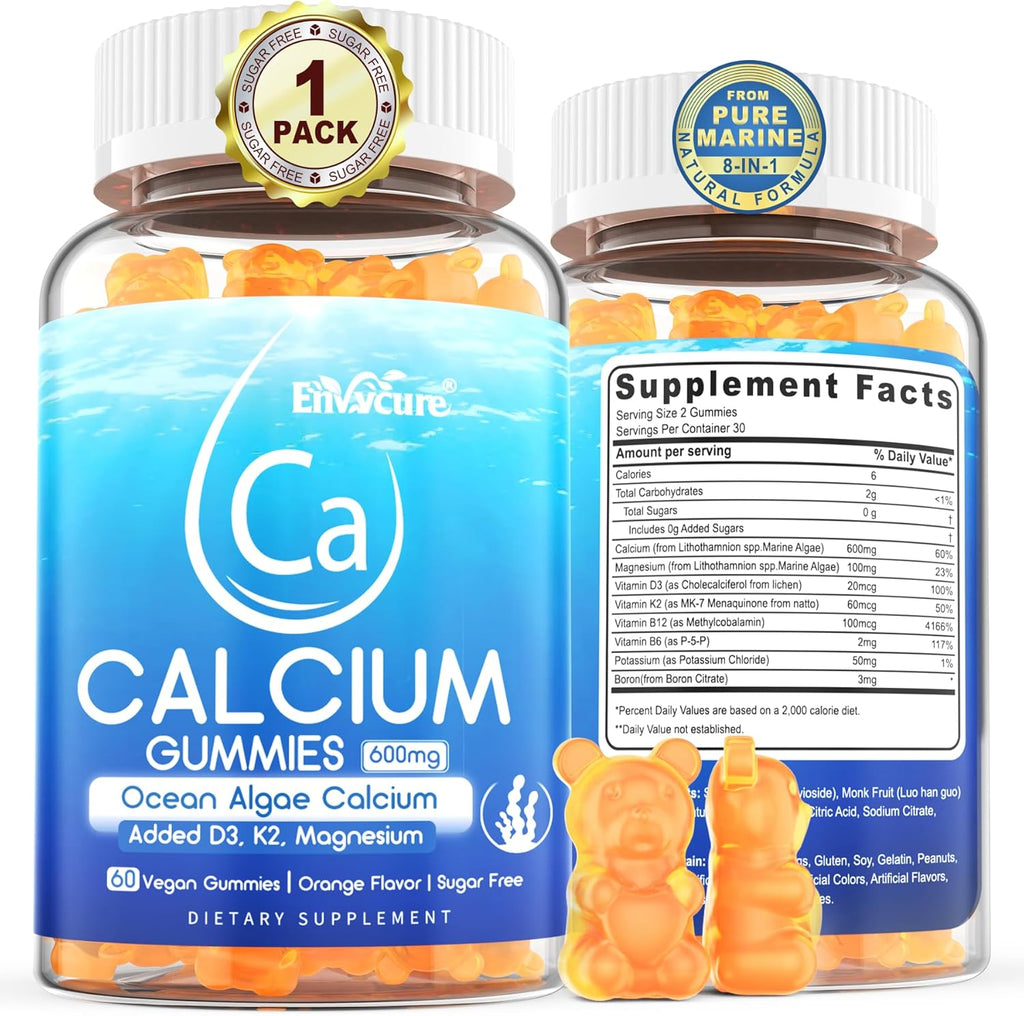 Sugar Free Calcium Gummies 600mg, Ocean Algae Calcium with Vitamin D3, K2, Magnesium, B6, B12, Organic Calcium Supplement for Bone Strength & Teeth Health, Orange Flavor, Vegan, 1 Pack