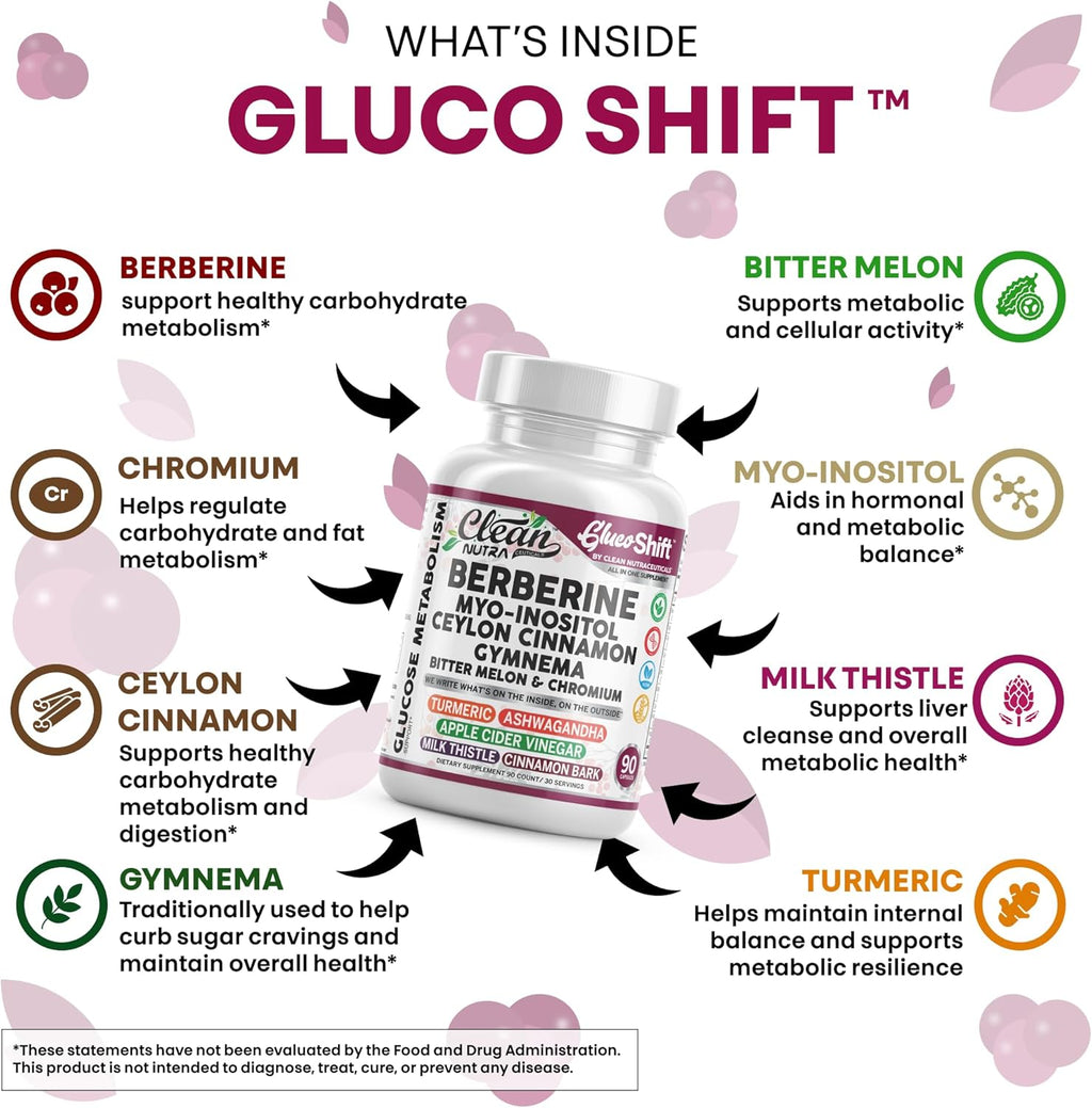 Clean Nutra Berberine Supplement with Ceylon Cinnamon Myo-Inositol Gymnema Bitter Melon & Chromium | Berberine HCI Root Extract Complex | 90 Capsules | Vegan, Gluten-Free, Non-GMO