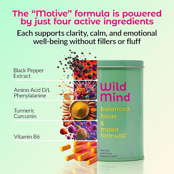 Wild Mind Mental Clarity Balanced Focus & Mood Support Supplement for Mental Wellness– 4-Ingredient Nootropic Brain Support for Calm & Energy – Vegan, 90 Capsules, 30-Day Supply