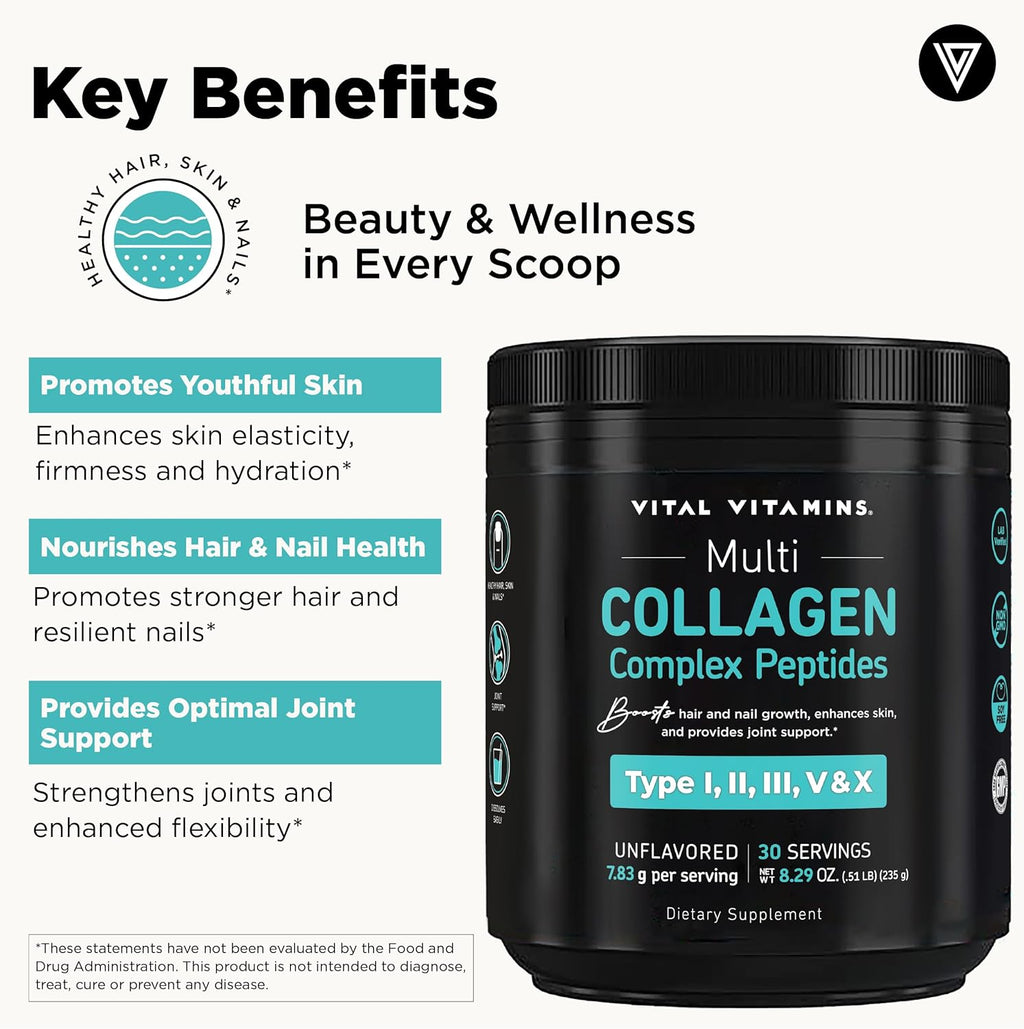 Vital Vitamins Multi Collagen Peptides Powder - Unflavored, Easy to Dissolve - Type I, II, III, V, X - for Women & Men - Promotes Hair, Skin, Nails, & Joint Health - 30 Servings