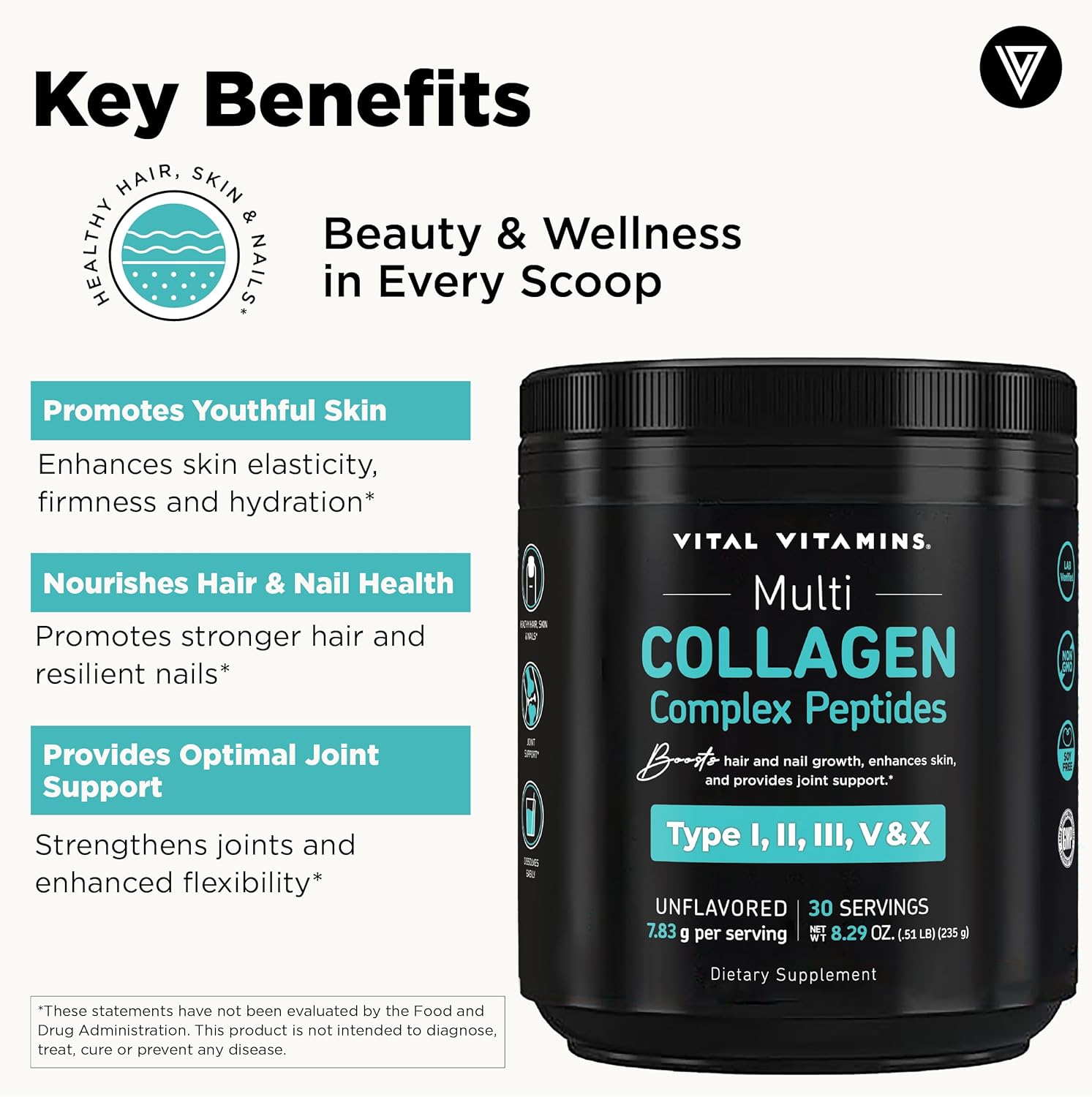 Vital Vitamins Multi Collagen Peptides Powder - Unflavored, Easy to Dissolve - Type I, II, III, V, X - for Women & Men - Promotes Hair, Skin, Nails, & Joint Health - 30 Servings