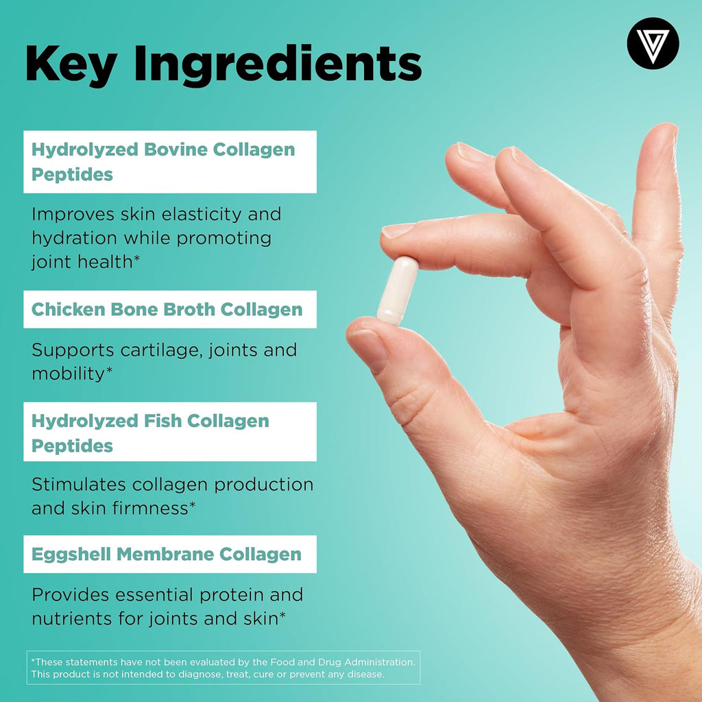 Vital Vitamins Multi Collagen Pills for Women & Men (2-Pack) - Hydrolyzed Collagen Peptides - Type I, II, III, V, X - Grass Fed, Non-GMO