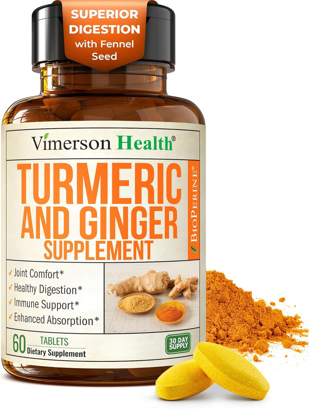 Turmeric Curcumin Supplement with Ginger Root for Joint Support, Digestive & Gut Health - Contains Organic Turmeric Curcumin with Black Pepper (Bioperine) for Enhanced Absorption - 60 Tablets
